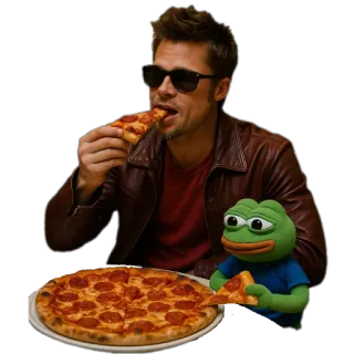 🍲 Pepe the Frog Brad Pitt, Pizza, Comendo, Óculos de sol, Pepe, o Sapo, Meme, Comida, Celebridade telegram sticker