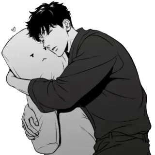 😴 ผู้ชาย, กอด, หมอน, สบาย, สไตล์อนิเมะ, ขาวดำ telegram sticker