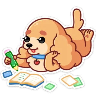 ☺️ Hund, Welpe, Schreiben, Bleistift, Buch, süß, Cartoon telegram sticker