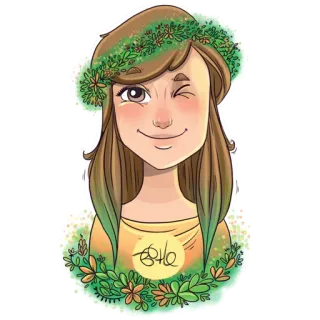😉 女の子, ウインク, 漫画, 花, リース, ポートレート telegram sticker