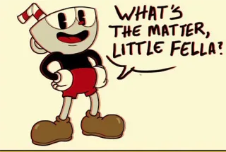 😏 Cuphead WHAT'S THE MATTER, LITTLE FELLA? Cartone animato, Personaggio, Cuphead, Retro, Animazione telegram sticker