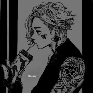 🎵 ilexer Anime stijl, Tatoeage, Drankje, Zwart-wit, Manga, Personage telegram sticker