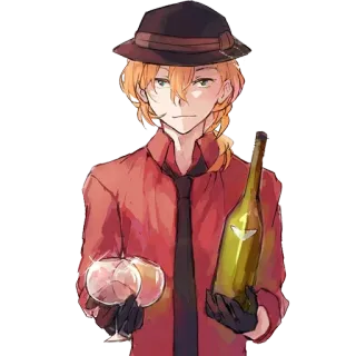 🍾 Chuuya Nakahara Bungo Stray Dogs Anime, Chuuya Nakahara, Bungo Stray Dogs, Hut, Wein, Glas, Flasche telegram sticker