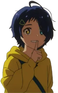 🤫 Ai Ohto Wonder Egg Priority Anime, Mädchen, Charakter, Kurze Haare, Gelb, Finger an Lippen telegram sticker