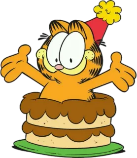 🎂 Garfield Garfield, gato, desenho animado, bolo, aniversário, chapéu de festa telegram sticker
