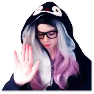 ✋ donna, felpa pinguino, occhiali, capelli viola, gesto della mano, stop, persona telegram sticker