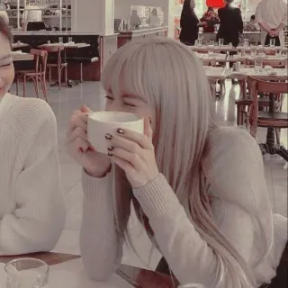 🦋 mujer, bebiendo, cafetería, interior, mesa, gente telegram sticker