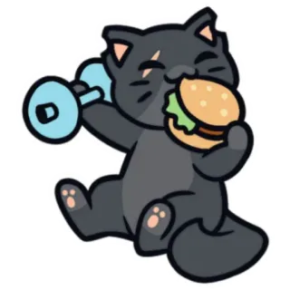 🍔 кот, гантель, бургер, мультфильм, животное, упражнение, еда, стикер telegram sticker