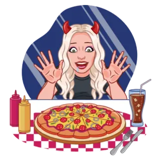 🍔 pizza, kreskówka, diabeł, jedzenie, napój, kobieta, stół telegram sticker