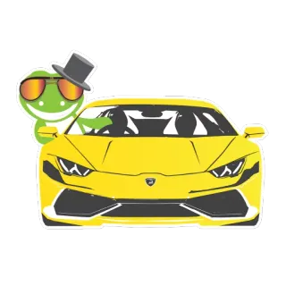 🚗 sapo, carro, amarelo, desenho animado, óculos de sol, cartola, carro de luxo whatsapp sticker
