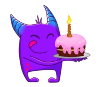 🎂 Monster, Kuchen, Geburtstag, Kerze, Lila, Cartoon whatsapp sticker