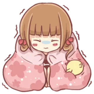 😷 만화, 여자, 담요, 아픈, 감기, 애니메이션 telegram sticker