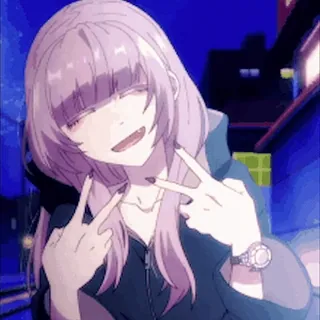 ✌ anime, menina, cabelo roxo, sinal de paz, desenho animado whatsapp sticker
