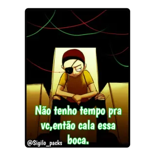 😌 Não tenho tempo pra vc, então cala essa boca. personnage animé, dessin animé, chaise, cache-œil, assis telegram sticker