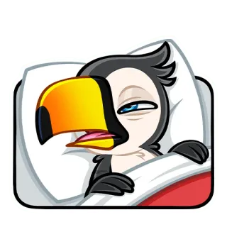 😩 tucano, pássaro, dormindo, desenho animado, cama, sonolento, animal telegram sticker