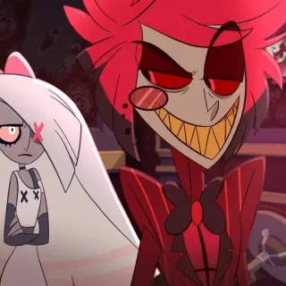 🍾 Alastor Hazbin Hotel demon, uśmiechnięty, zły, kreskówka, radio demon, Hazbin Hotel, animowany telegram sticker