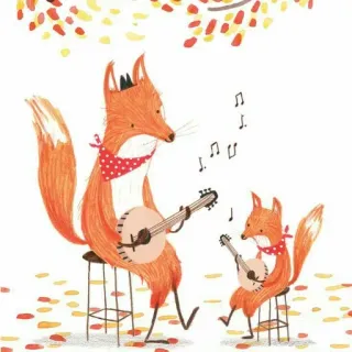 🎼 foxes, banjo, music, animals, illustration, cartoon, cute whatsapp sticker
