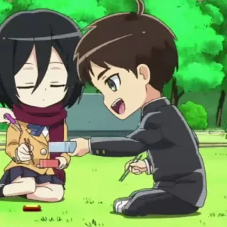 🕶 Mikasa Ackerman, Eren Yeager Attack on Titan Anime, Attack on Titan, Mikasa Ackerman, Eren Yeager, School, Cartoon, Chibi telegram sticker