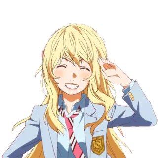 😁 anime, ragazza, bionda, uniforme scolastica, saluto, sorridente, kawaii, personaggio telegram sticker