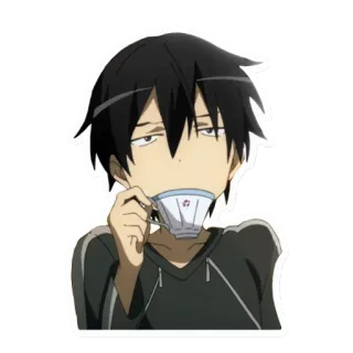 😦 anime, chłopak, herbata, filiżanka, kreskówka, naklejka telegram sticker