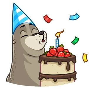 🥳 foca, animale, compleanno, festa, torta, party, cappello, carino telegram sticker