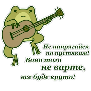 😢 Не напрягайся по пустякам! Воно того не варте, все буде круто! frog, guitar, cartoon, positive, motivation, musical, cute, animal telegram sticker