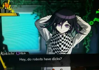 🤯 Kokichi Oma Hey, do robots have dicks? anime, video game, text, question, kokichi oma telegram sticker
