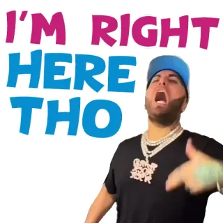 👀 I'M RIGHT HERE THO мужчина, указывает, выражение, фраза, мем, жест whatsapp sticker
