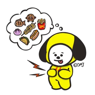 😙 Chimmy BT21 การ์ตูน, น่ารัก, อาหาร, สุนัข, สีเหลือง whatsapp sticker