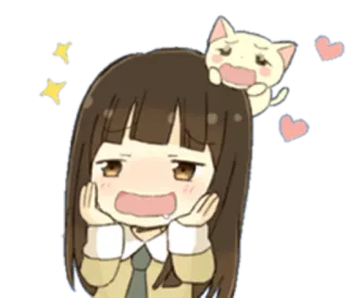 🙇 Anime, Dziewczyna, Kot, Słodkie, Kawaii, Naklejka telegram sticker