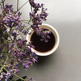 💐 café, flores, bebida, floral, bebida, xícara, flores roxas whatsapp sticker