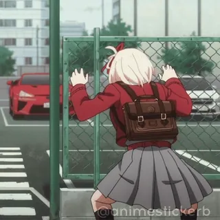 🤯 @animestickerb Anime, uczennica, ogrodzenie, czerwony samochód, plecak, dziewczyna whatsapp sticker