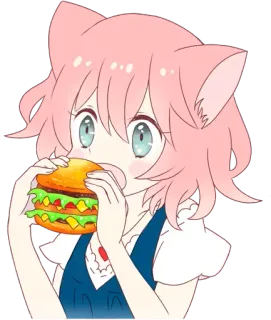 🍔 Anime, Ragazza gatto, Mangiare, Hamburger, Cibo, Carino, Kawaii telegram sticker