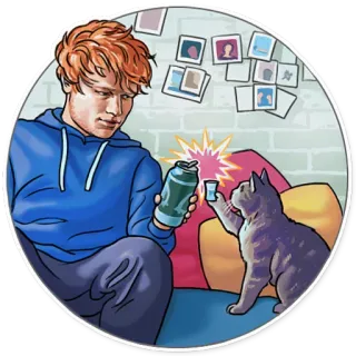 🍺 gato, hombre, lata de refresco, bebida, casa, amigos, pasar el rato telegram sticker