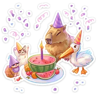 🥳 капибара, кот, день рождения, вечеринка, арбуз, торт, животные, наклейка, мультфильм telegram sticker