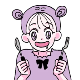 😋 dessin animé, affamé, fourchette, cuillère, pyjama, fille, mignon telegram sticker