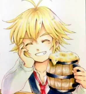 😁 Meliodas Seven Deadly Sins anime, pelo rubio, sonriendo, cerveza, fantasía, alegre telegram sticker