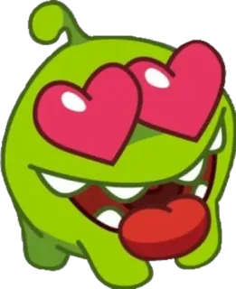 😍 Om Nom Cut the Rope verde, mostro, carino, occhi, cuore, cartone animato, felice telegram sticker