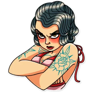 😠 pinup, tattoo, woman, rose, angry, cartoon whatsapp sticker