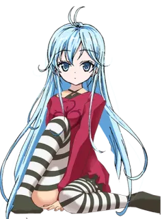 😏 garota anime, cabelo azul, meias listradas, desenho animado, ilustração, fofa, sentada, personagem telegram sticker