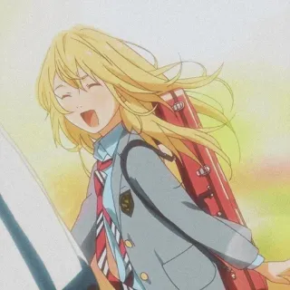 🩰 Kaori Miyazono Your Lie in April anime, meisje, glimlachend, viool, blond haar, schooluniform, blij telegram sticker