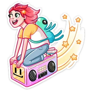 😛 cartoon, girl, radio, alien, stars, fun, sticker whatsapp sticker