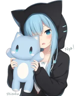 🤔 อนิเมะ, ผู้หญิง, แมว, คาวาอิ, น่ารัก, เสื้อฮู้ด, ตุ๊กตา, ผมสีฟ้า telegram sticker