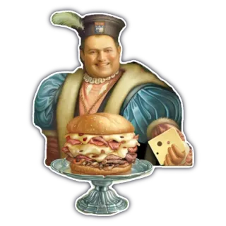 😄 hombre, sándwich, comida, queso, medieval, retrato, sombrero telegram sticker
