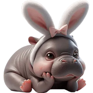 😞 ippopotamo, animale, cartone animato, carino, orecchie da coniglio, pasqua, mammifero telegram sticker