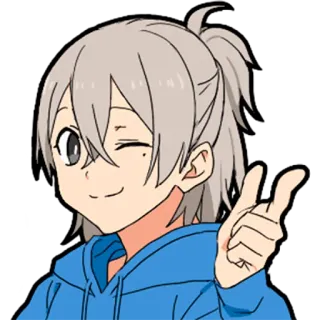 👉 Anime, Personaje, Guiño, Signo de la paz, Pelo gris, Dibujo animado telegram sticker