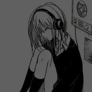 🎡 Ragazza anime, Cuffie, Musica, Triste, Emozionale, Monocromo, Illustrazione telegram sticker