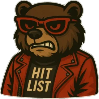 😡 HIT LIST Bär, wütend, Todesliste, Lederjacke, Sonnenbrille, Cartoon Bär whatsapp sticker