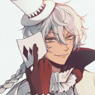 😏 anime, character, jester, top hat, diamonds, card, white hair, smiling telegram sticker