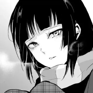 😔 garota anime, cabelo preto, séria, mangá, monocromático telegram sticker